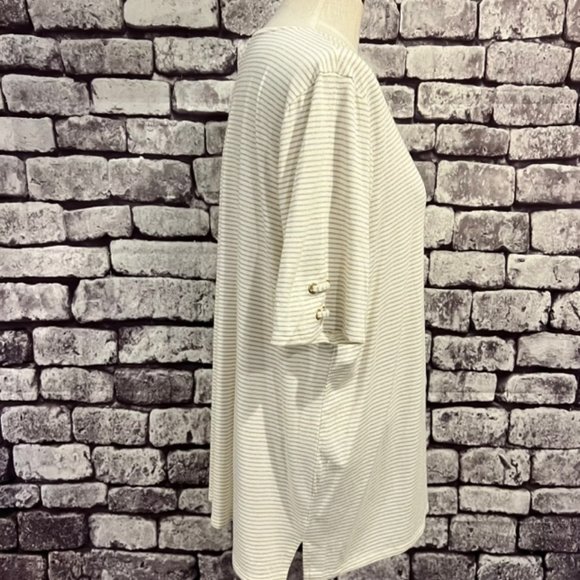 Chico's Ivory W/ Gold Metallic Striped V-Neck Short Sleeve Blouse Size XL - Picture 8 of 10